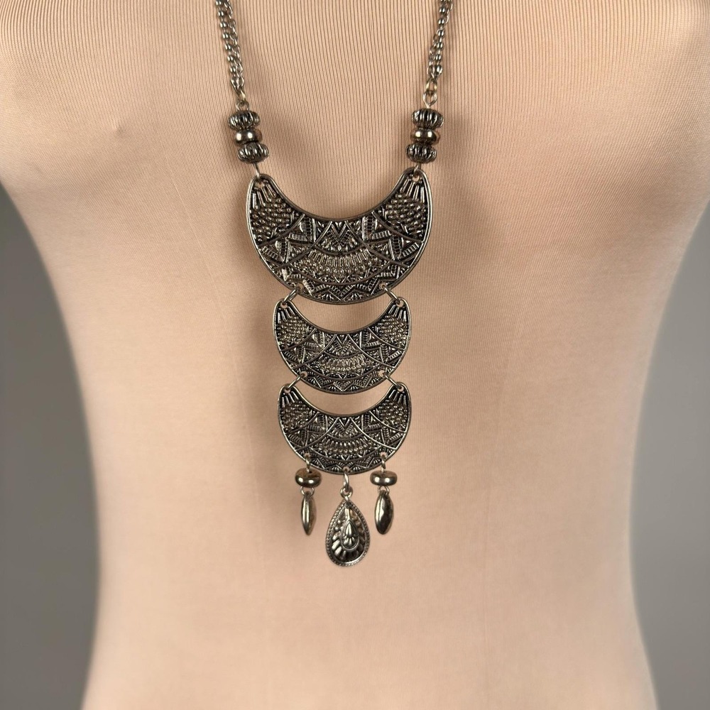 Boho Layered‎ Crescent Moon Pendant Necklace Bronze Tone Tassel Adjustable - Picture 3 of 6